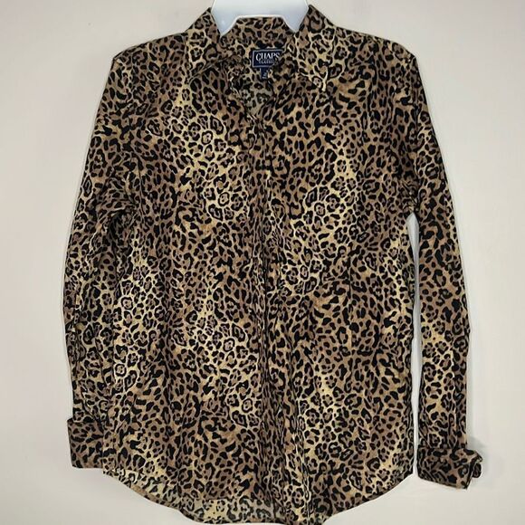 Chaps animal print blouse button up down shirt top - Picture 1 of 9